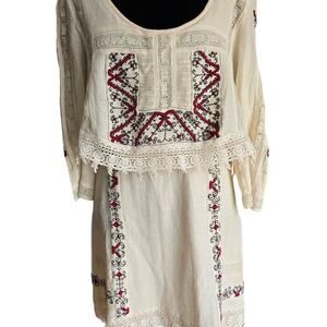 Free People Cream and Red Embroidered Midi Dress
